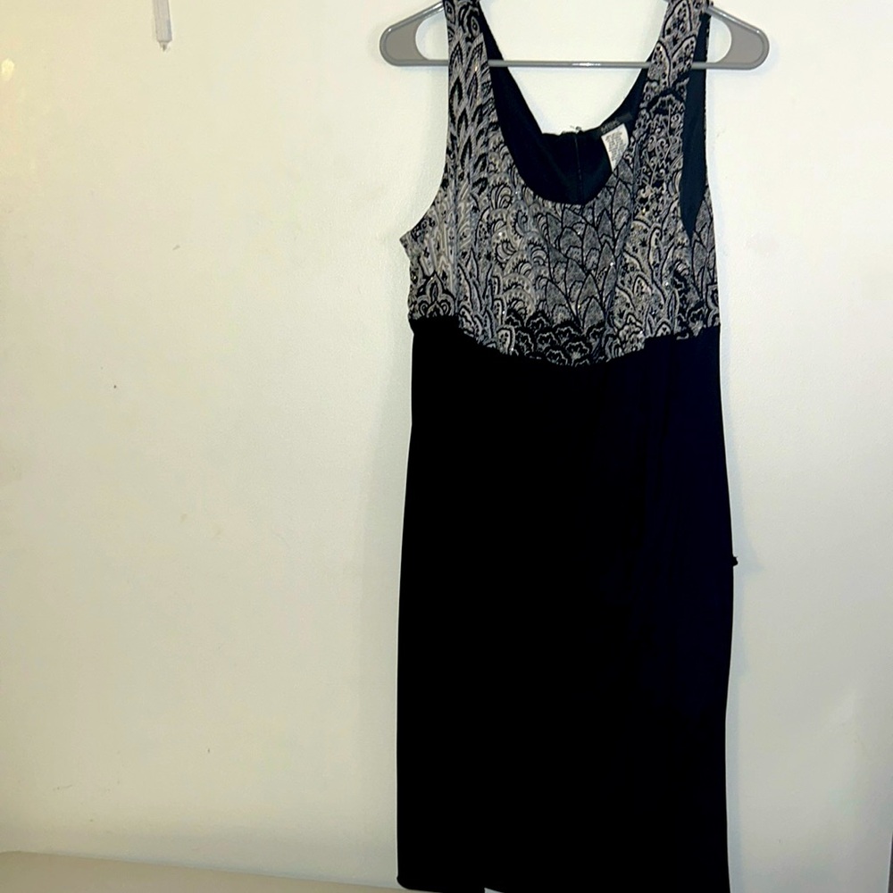 MSK shift sleeveless dress size 16W black white silver sequins draped formal